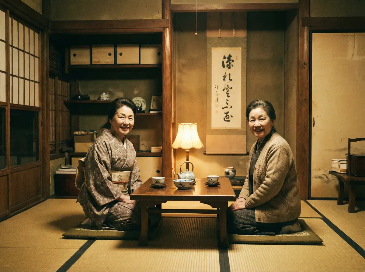 两位优雅的 口活 在日式茶室中品茶交谈